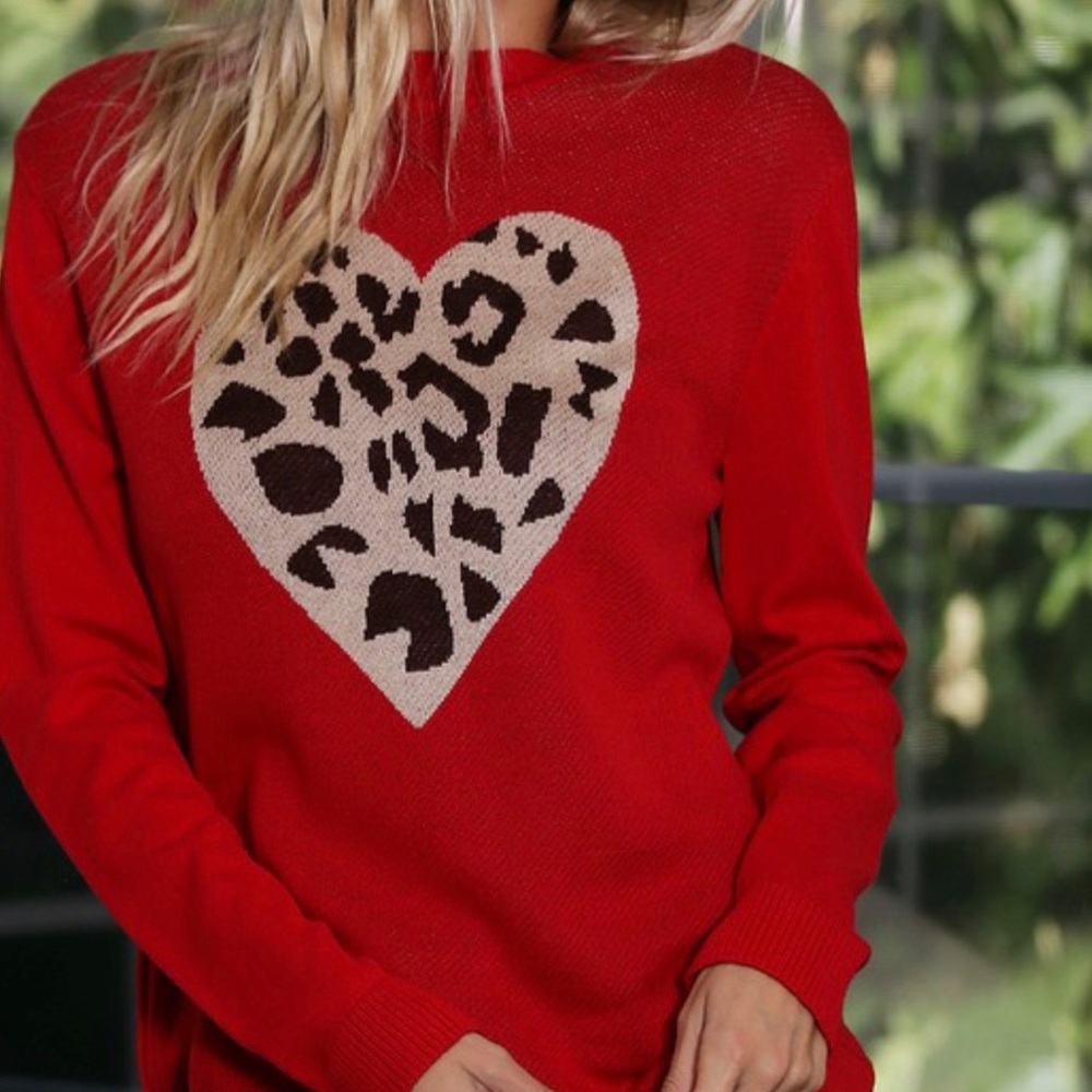 Red Leopard Heart Sweater